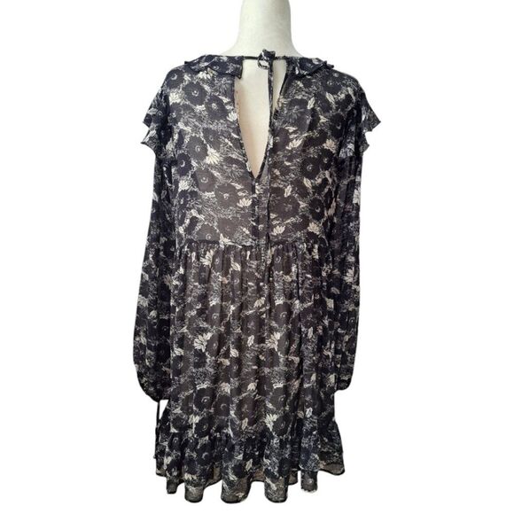 Free People Women's These Dreams Long Sleeve Black Floral Ruffled Neck Sz Med - Picture 7 of 9